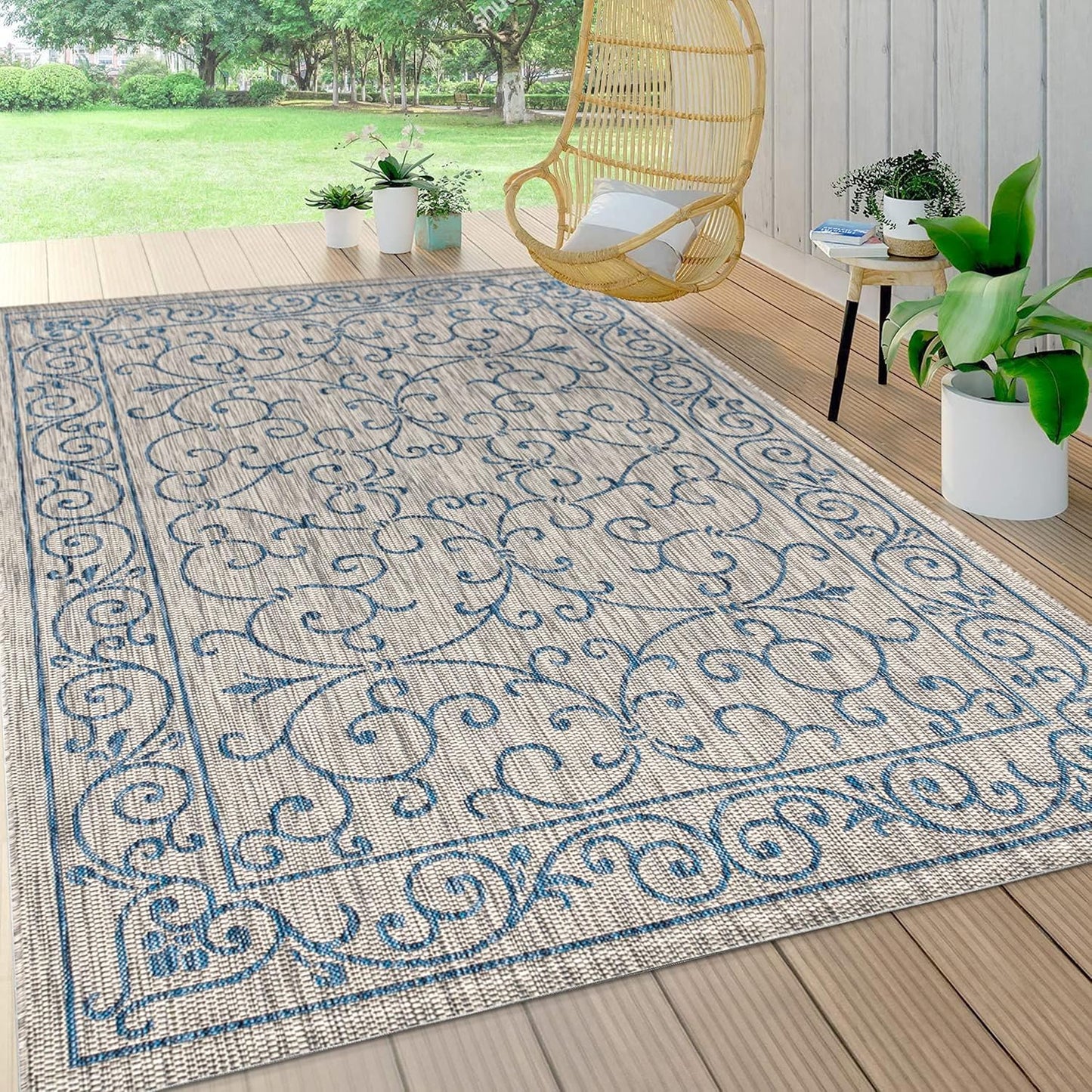 JONATHAN Y SMB106C-9 Charleston Vintage Filigree Textured Weave Indoor Outdoor Area Rug Classic Coastal Easy Cleaning Bedroom Kitchen Backyard Patio Non Shedding, 9 X 12, Gray/Navy