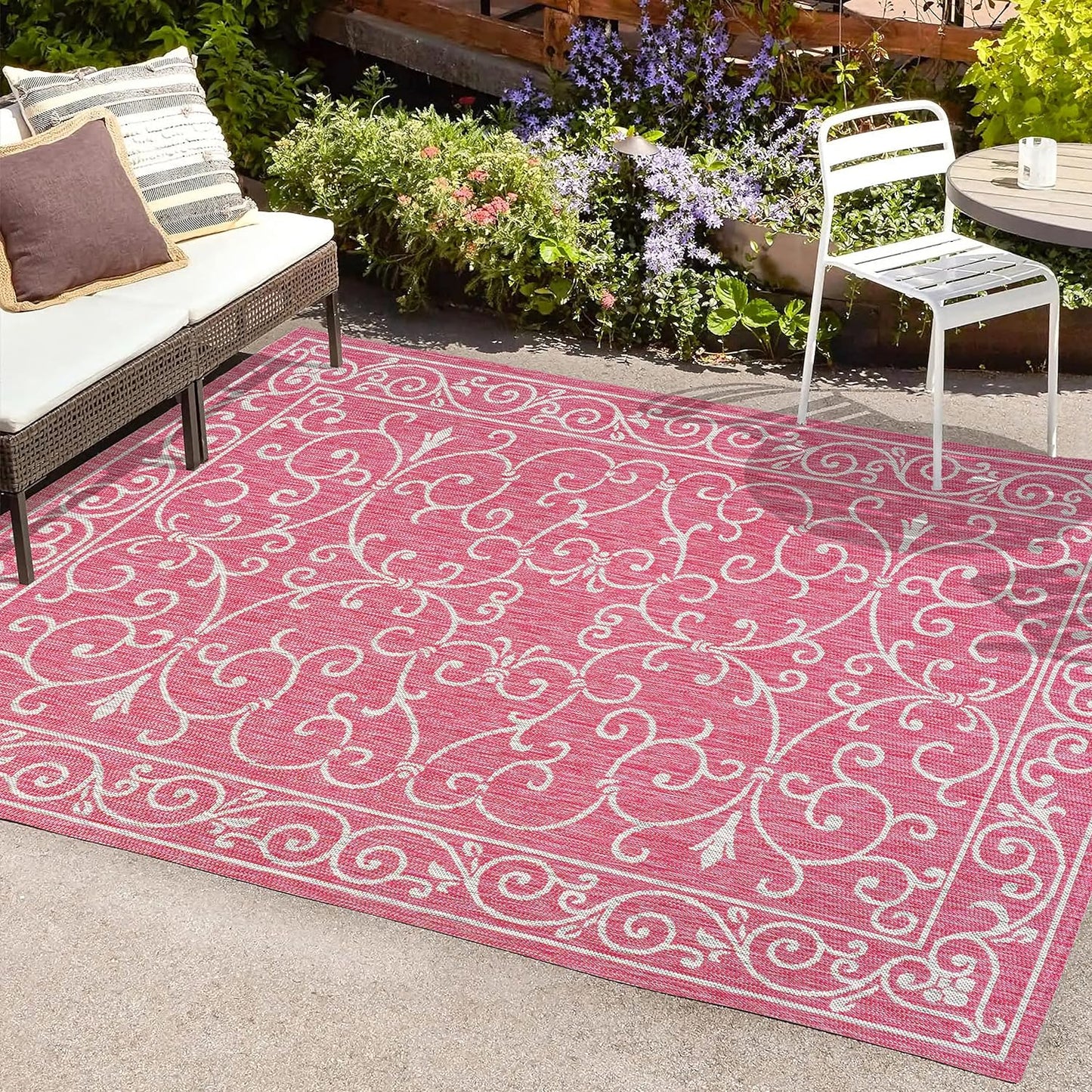 JONATHAN Y SMB106J-4 Charleston Vintage Filigree Textured Weave Indoor Outdoor Area Rug, Classic Traditional Easy-Cleaning,Bedroom,Kitchen,Backyard,Patio,Non Shedding, 4 X 6, Fuchsia/Light Gray