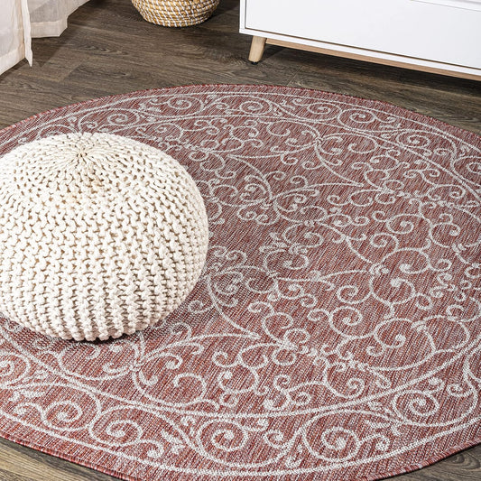 JONATHAN Y SMB106B-6R Charleston Vintage Filigree Textured Weave Red/Beige 6' Round Indoor/Outdoor Area Rug, Pet Friendly, Non-Shedding, Stain Resistant, Easy-Cleaning for Backyard, Patio, Porch