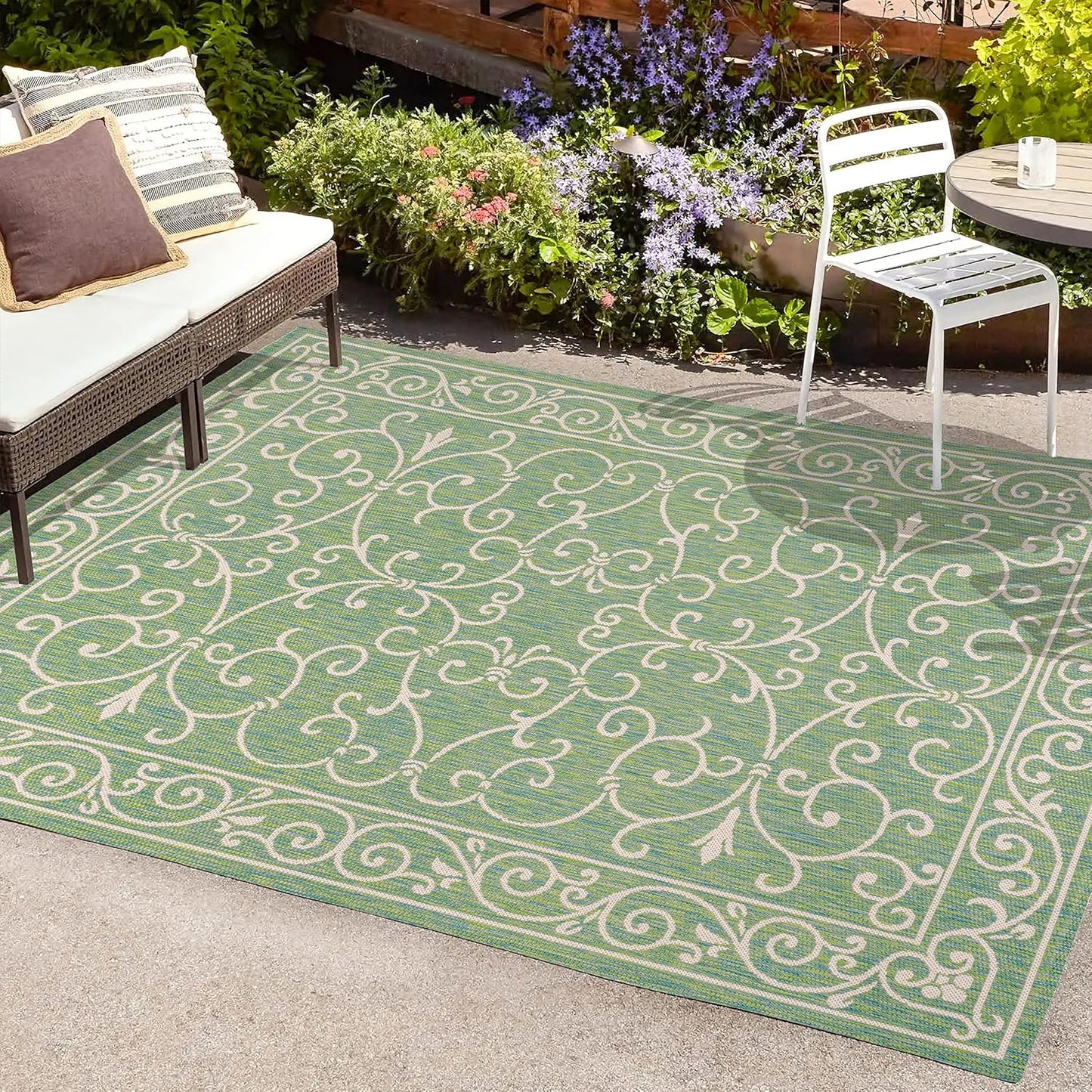JONATHAN Y SMB106K-3 Charleston Vintage Filigree Textured Weave Indoor Outdoor Area Rug, Classic Traditional Easy-Cleaning,Bedroom,Kitchen,Backyard,Patio,Non Shedding, 3 X 5, Green/Ivory