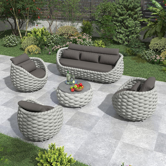 Aluminum Outdoor Seating Set: 5 Pieces Woven Rope Patio Conversation Set - Metal Sofa Set Cushioned Assembled - Modern Couch Porch Furniture for Deck Lanai Balcony Yard Poolside Hotel Resort