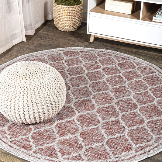 Eyely BMS109C-6R Santa Monica Trebol Moroccan Trellis Textured Weave, Pet Friendly, Non-Shedding, Stain Resistant, Easy-Cleaning, Red/Beige, 6' Round, Indoor/Outdoor, Area Rug