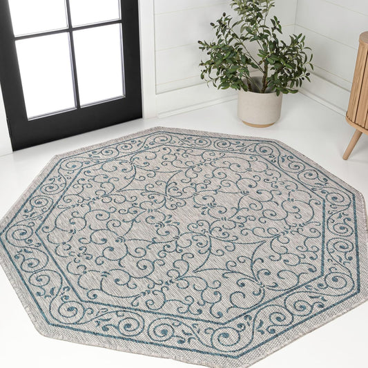 JONATHAN Y SMB106E-5TGN Charleston Vintage Filigree Textured Weave Gray/Teal 5' Octagon Indoor/Outdoor Area Rug, Non-Shedding, Stain Resistant,Fade Resistant, Easy-Cleaning for Backyard Patio, Porch