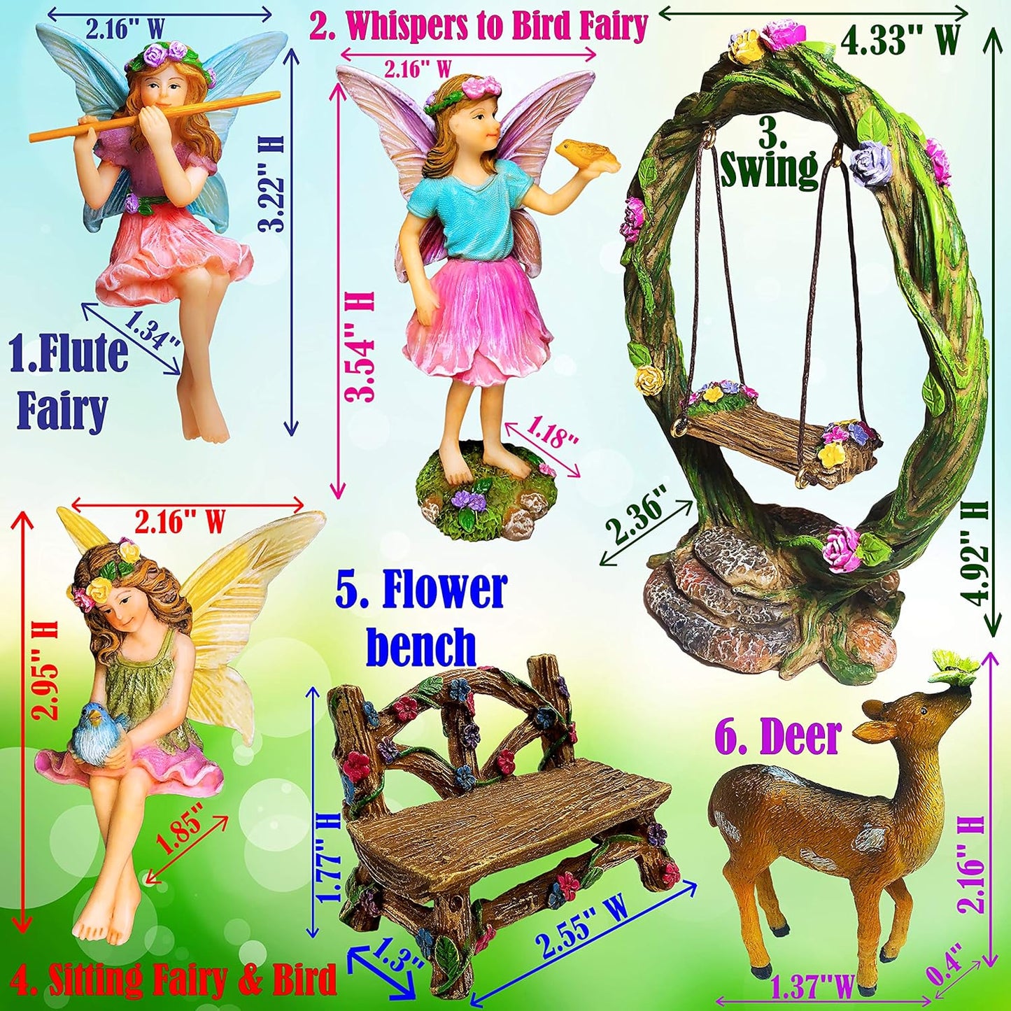Mood Lab Fairy Garden Kit - Swing Set of 6 pcs Miniature Figurines & Accessories - Hand Painted for Outdoor or House Decor