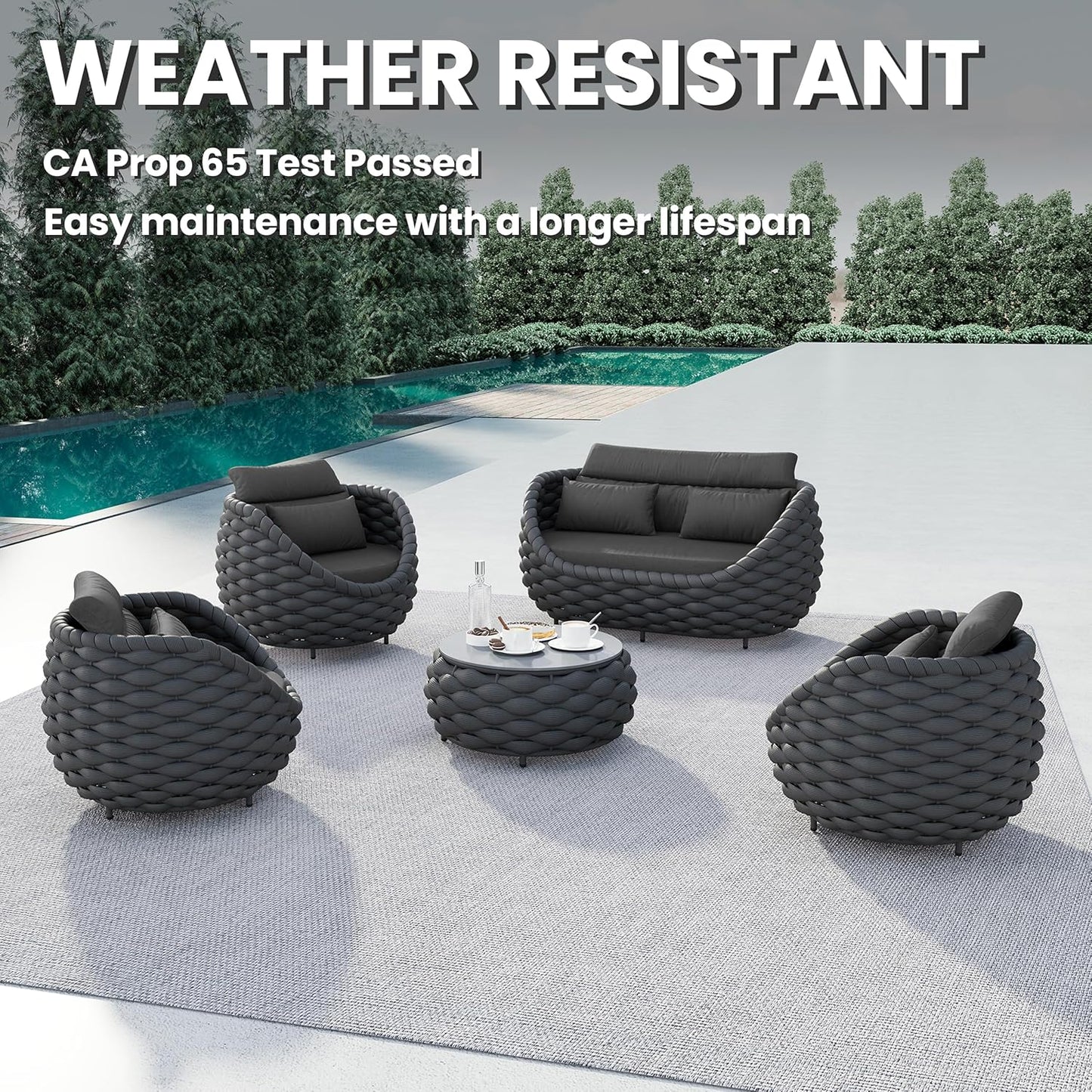 Aluminum Outdoor Seating Set: 5 Pieces Woven Rope Patio Furniture Conversation Set - Modern Deck Loveseat Set Cushioned - Assembled Metal Porch Lounge Set for Yard Garden Lanai Hotel, Dark Grey