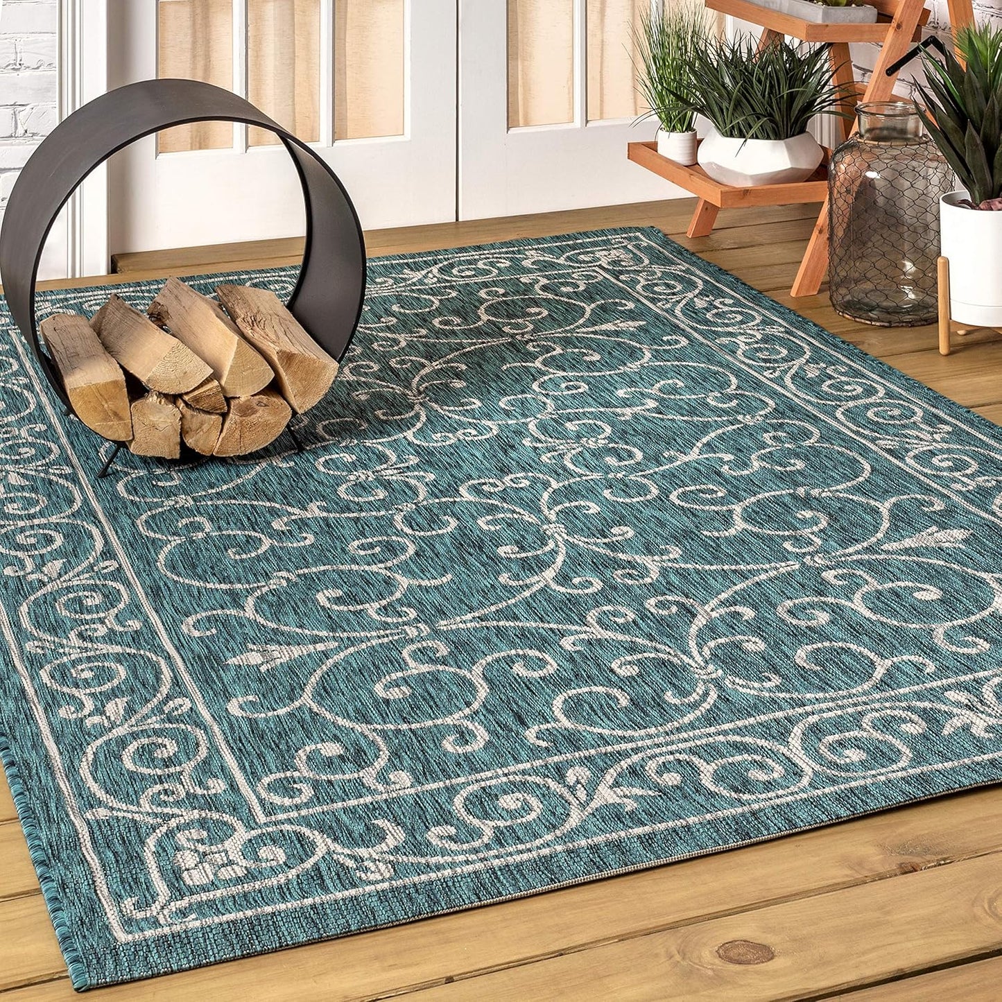 JONATHAN Y SMB106F-3 Charleston Vintage Filigree Textured Weave Indoor Outdoor Area Rug Classic Coastal Easy Cleaning Bedroom Kitchen Backyard Patio Non Shedding, 3 X 5, Teal/Gray