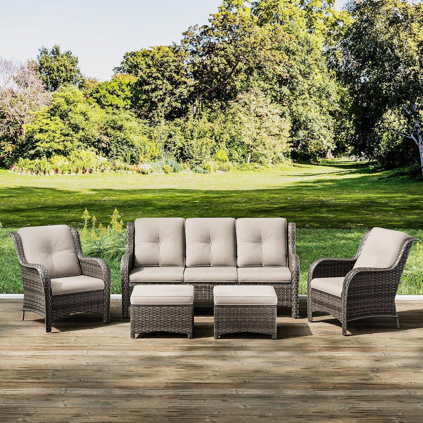 Joyside Patio Furniture Set 5-Piece Wicker Outdoor Furniture Conversational Set with 3-Seat Sofa, 2 Armchairs, 2 Ottoman Patio Rattan Wicker Sectional Sofa Set with Olefin Cushions(Mixed Grey/Beige)