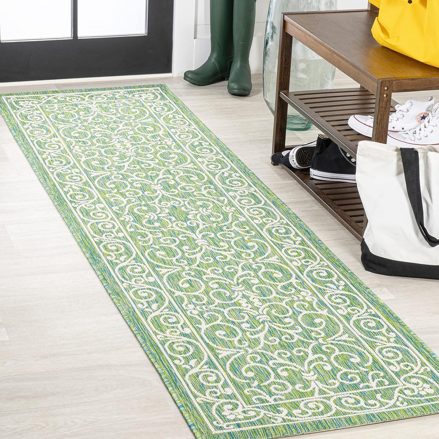 JONATHAN Y SMB106K-28 Charleston Vintage Filigree Textured Weave Indoor Outdoor Runner Rug, Classic, Traditional, Transitional Easy Clean,Bedroom,Kitchen,Backyard,Patio, Non-Shed, Green/Ivory, 2 X 8