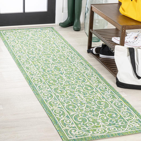 JONATHAN Y SMB106K-28 Charleston Vintage Filigree Textured Weave Indoor Outdoor Runner Rug, Classic, Traditional, Transitional Easy Clean,Bedroom,Kitchen,Backyard,Patio, Non-Shed, Green/Ivory, 2 X 8