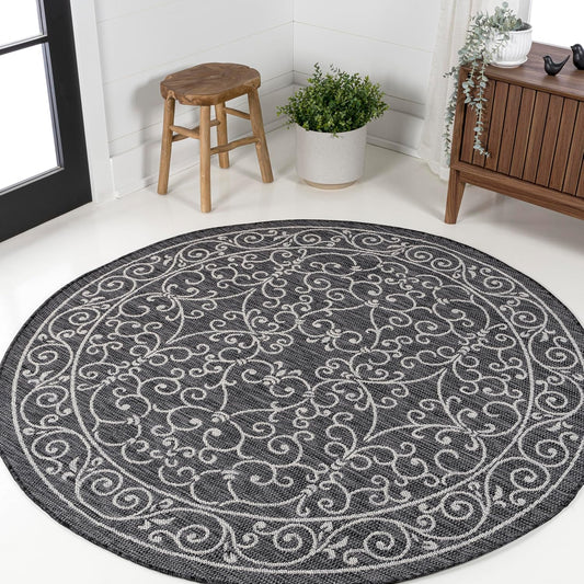 JONATHAN Y SMB106G-3R Charleston Vintage Filigree Textured Weave Black/Gray 3' Round Indoor/Outdoor Area Rug, Pet Friendly, Non-Shedding, Stain Resistant, Easy-Cleaning for Backyard, Patio, Porch