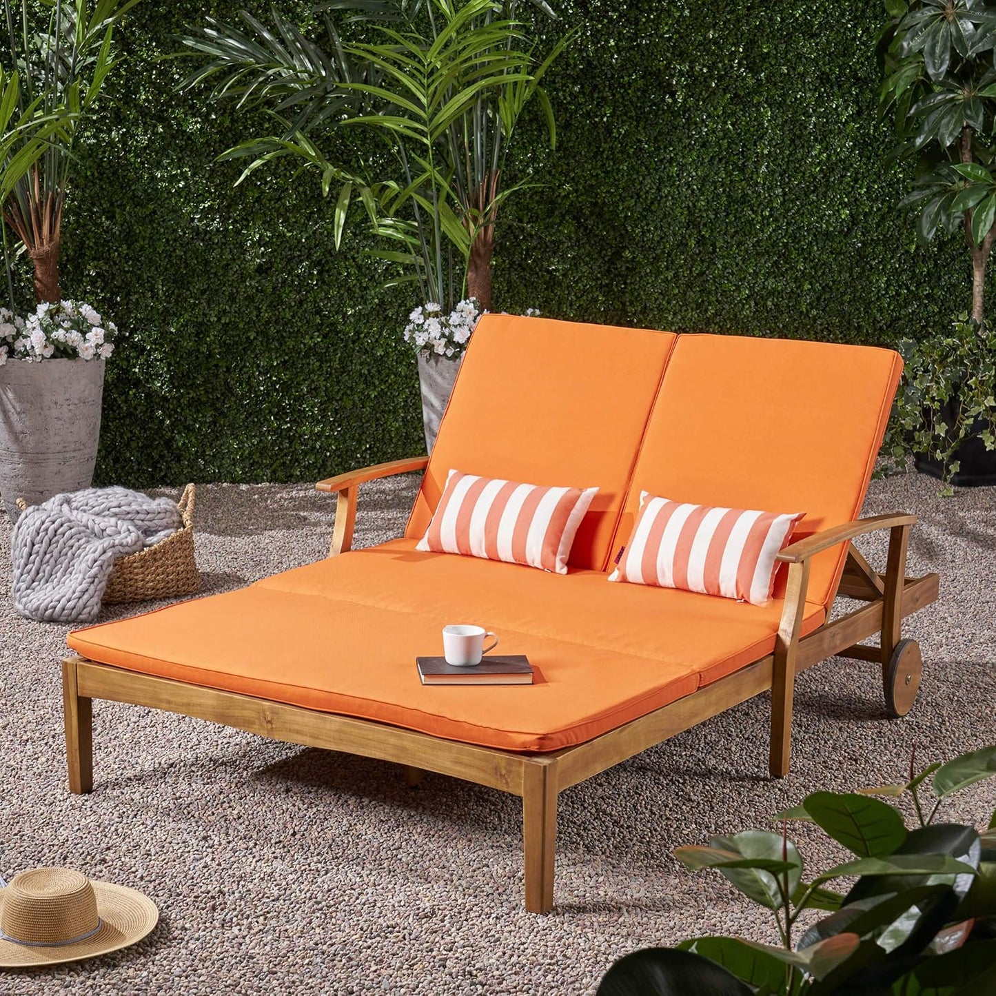 Christopher Knight Home Samantha Double Chaise Lounge for Yard and Patio, Acacia Wood Frame, Teak Finish with Orange Cushions