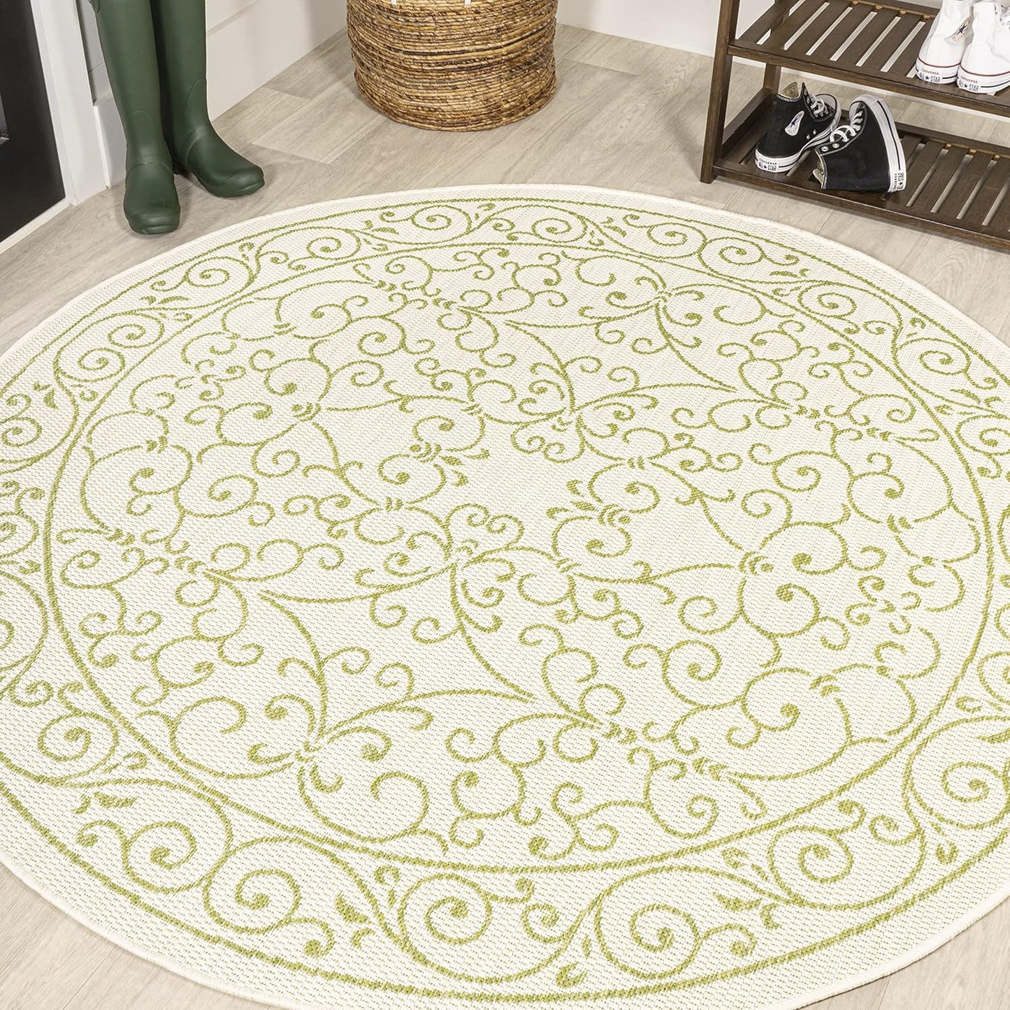 JONATHAN Y SMB106I-5R Charleston Vintage Filigree Textured Weave Indoor Outdoor Area Rug, Bohemian Coastal Traditional Easy Cleaning,Bedroom,Kitchen,Backyard,Patio,Non Shedding, 5' Round, Cream/Green