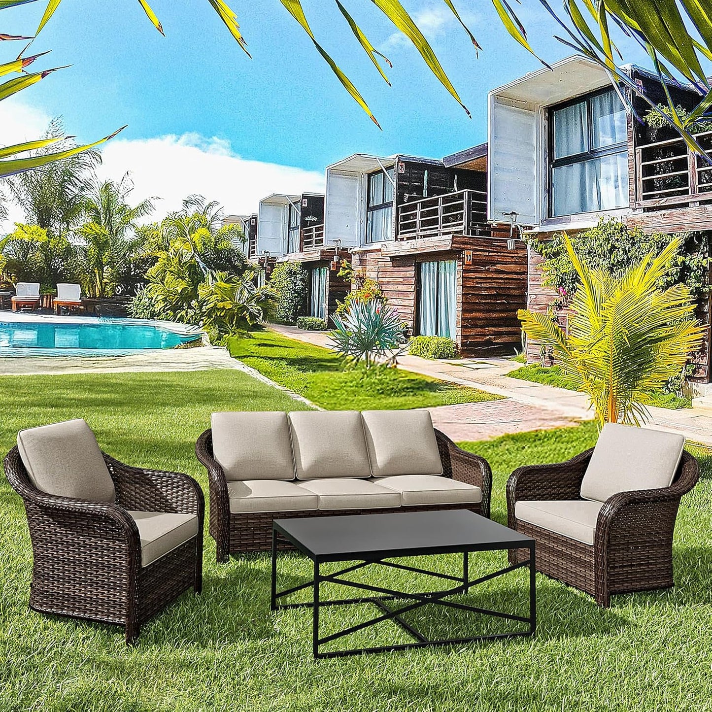 4 Pieces Patio Outdoor Conversation Furniture Set, 78" 3-Seat Couch, 2 Chairs, 47" Metal Coffee Table, Rattan Wicker Sofa with Washable Cushions for Garden, Deck (Beige)
