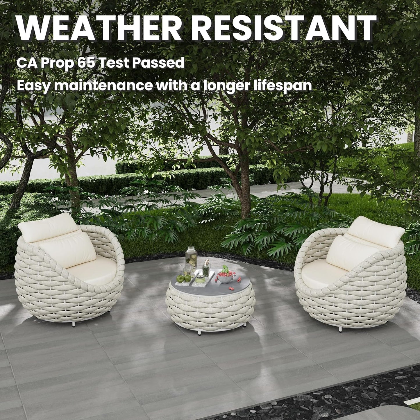 Front Porch Furniture Set 3 Piece: Aluminum Woven Rope Patio Conversation Sofa Set for 2 - Assembled Outdoor Deck Couch Armchair Set Cushions - for 400lb Balcony Pool Yard Bistro Hotel Lanai - Beige