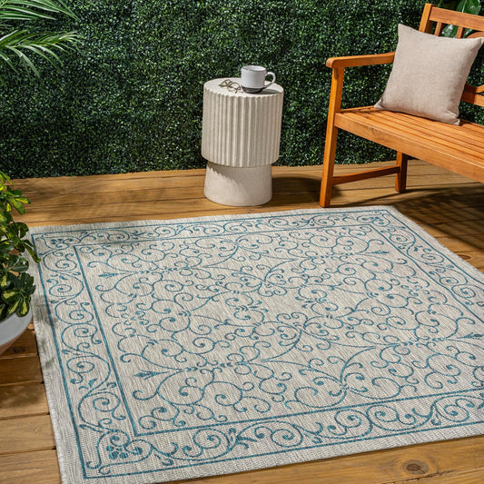 JONATHAN Y SMB106E-8SQ Charleston Vintage Filigree Textured Weave Gray/Teal 8' Square Indoor/Outdoor Area Rug, Pet Friendly, Non-Shedding, Stain Resistant, Easy-Cleaning for Backyard, Patio, Porch