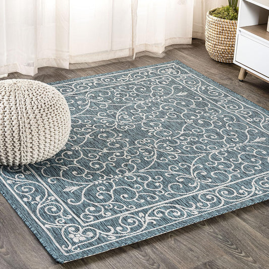 JONATHAN Y SMB106F-9SQ Charleston Vintage Filigree Textured Weave Teal/Gray 9' Square Indoor/Outdoor Area Rug, Pet Friendly, Non-Shedding, Stain Resistant, Easy-Cleaning for Backyard, Patio, Porch