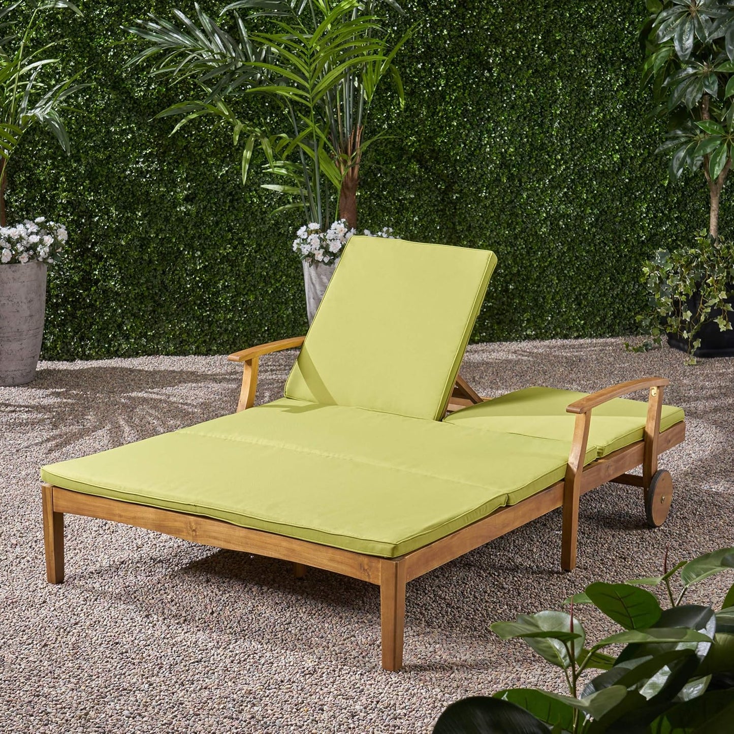 GDFStudio Samantha Double Chaise Lounge for Yard and Patio, Acacia Wood Frame, Teak Finish with Green Cushions, (307567)