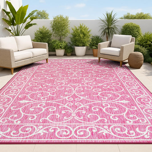JONATHAN Y SMB106J-3 Charleston Vintage Filigree Textured Weave Indoor Outdoor Area Rug, Classic Traditional Easy-Cleaning,Bedroom,Kitchen,Backyard,Patio,Non Shedding, 3 X 5, Fuchsia/Light Gray