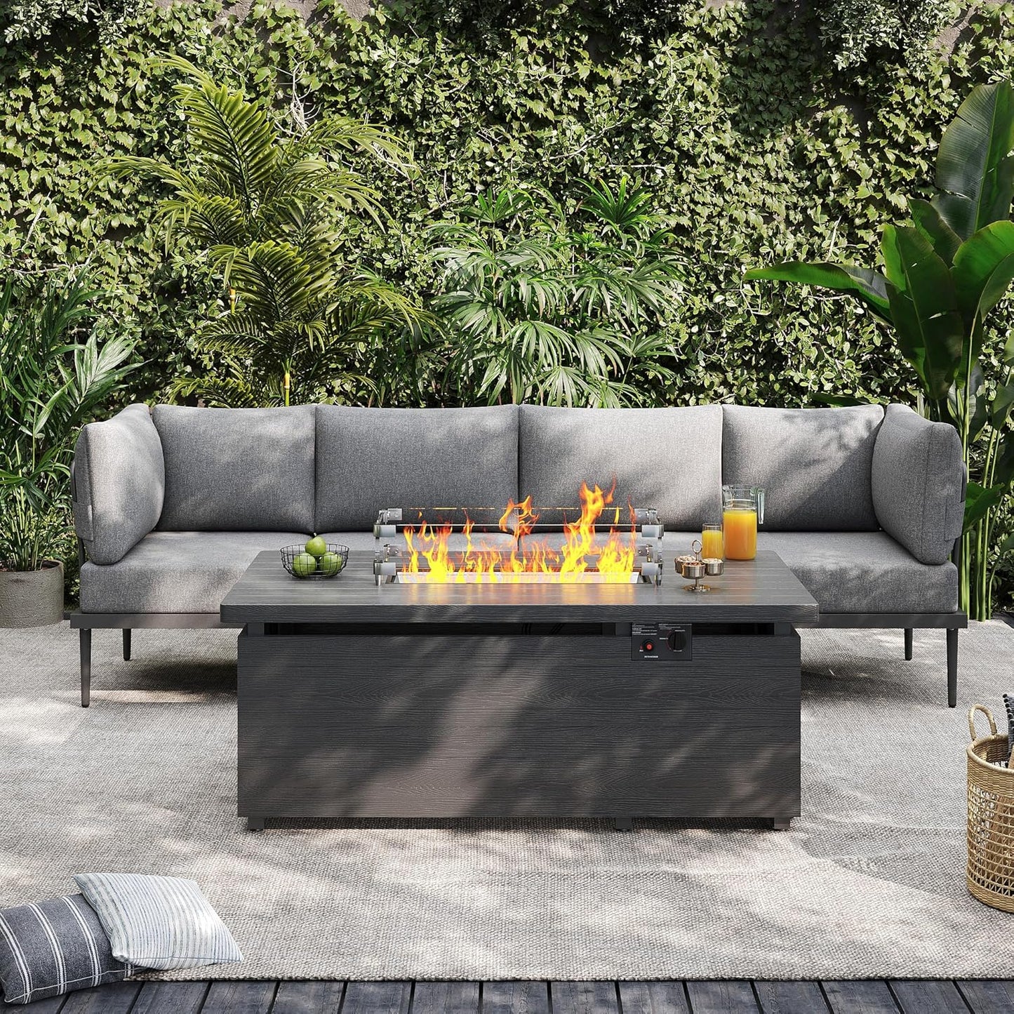 Sundale Outdoor 5 Pieces Metal Patio Furniture Set with Fire Pit Table, Outdoor Sectional Sofa w/6 Inch Olefin Cushion, Modern Outdoor Conversation Sets