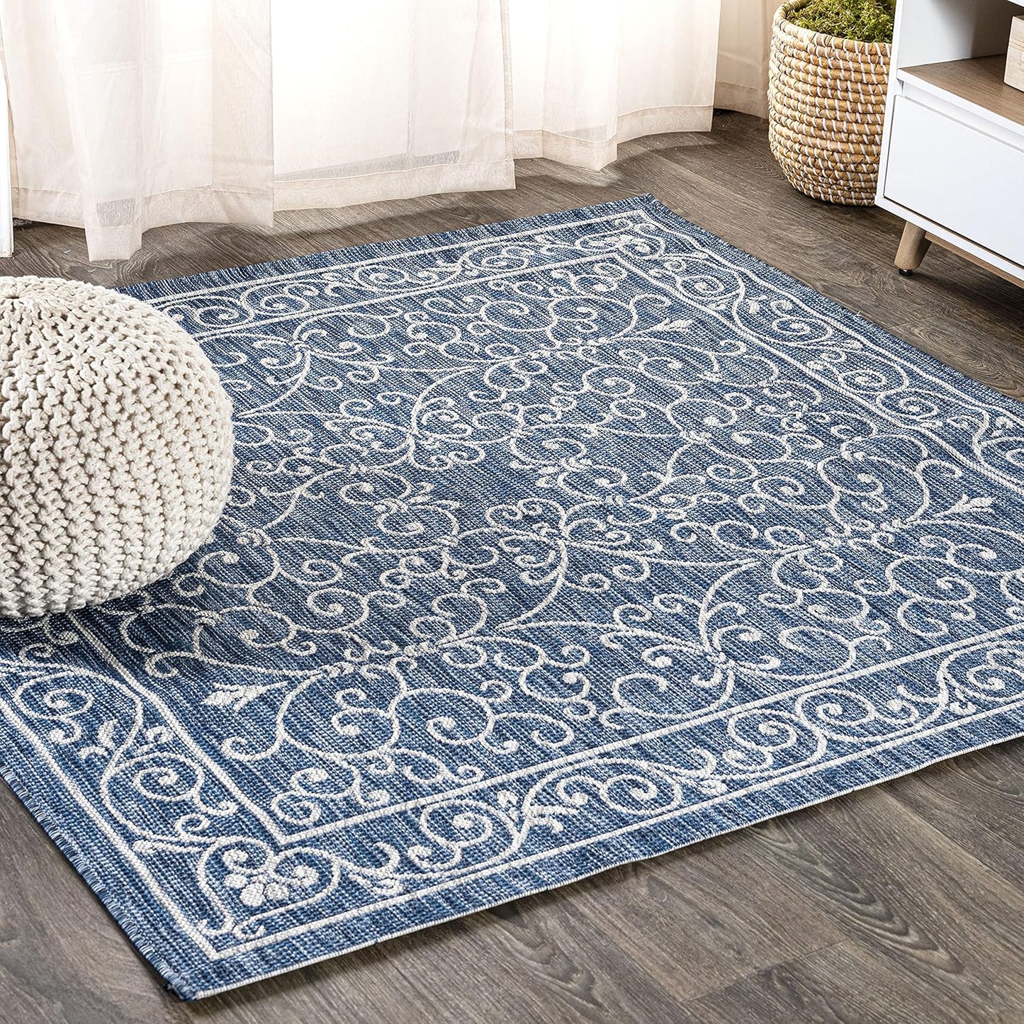 JONATHAN Y SMB106D-6SQ Charleston Vintage Filigree Textured Weave Navy/Gray 6' Square Indoor/Outdoor Area Rug, Pet Friendly, Non-Shedding, Stain Resistant, Easy-Cleaning for Backyard, Patio, Porch