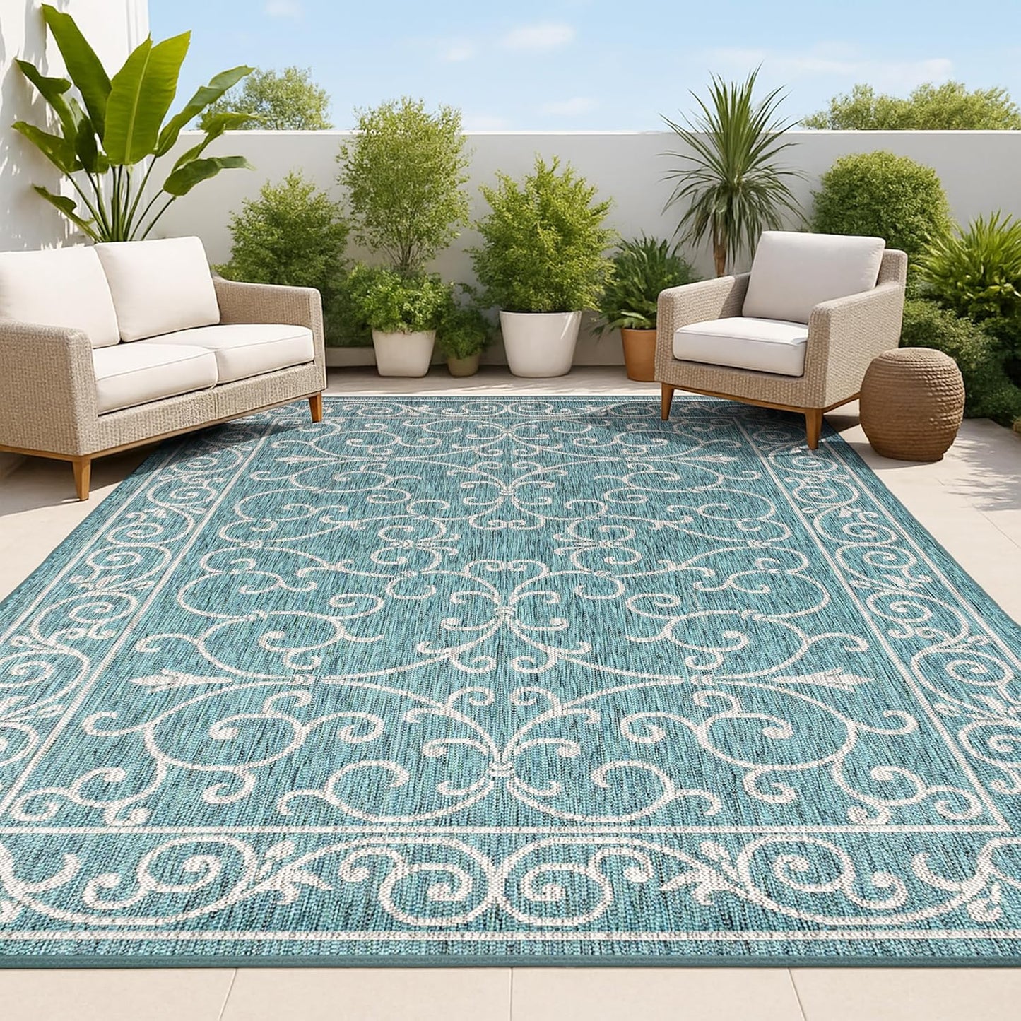 JONATHAN Y SMB106F-9 Charleston Vintage Filigree Textured Weave Indoor Outdoor Area Rug Classic Coastal Easy Cleaning Bedroom Kitchen Backyard Patio Non Shedding, 9 X 12, Teal/Gray
