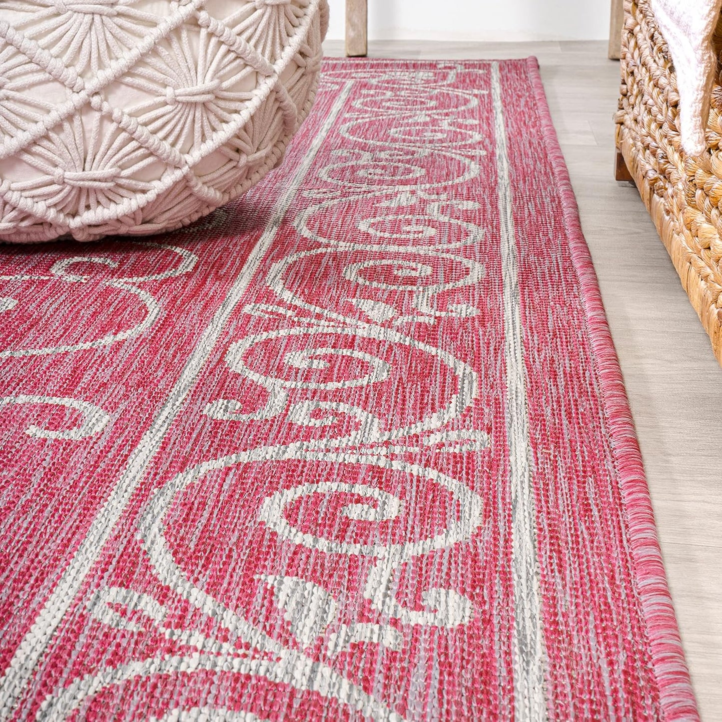 JONATHAN Y SMB106J-210 Charleston Vintage Filigree Textured Weave Indoor Outdoor Runner Rug,Classic,Traditional,Transitional Easy Clean,Bedroom,Kitchen,Backyard,Patio,NonShed,Fuchsia/Light Gray,2 X 10