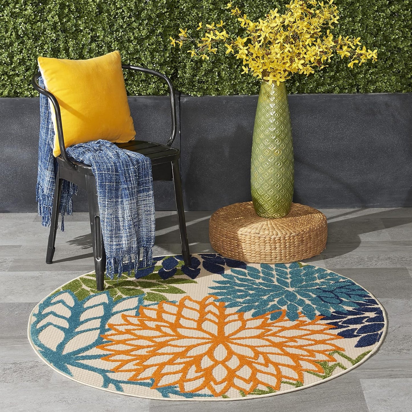 Nourison Aloha Indoor/Outdoor Multicolor 5'3'' x Round Area--Rug, Tropical, Botanical, Easy--Cleaning, Non Shedding, Bed Room, Living Room, Dining Room, Deck, Backyard, Patio (5 Round)