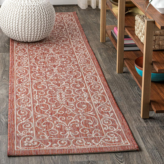 JONATHAN Y SMB106B-28 Charleston Vintage Filigree Textured Weave Indoor/Outdoor Red/Beige 2 ft. x 8 ft. Runner Rug, Classic,Easy Cleaning,HighTraffic,LivingRoom,Backyard, Non Shedding