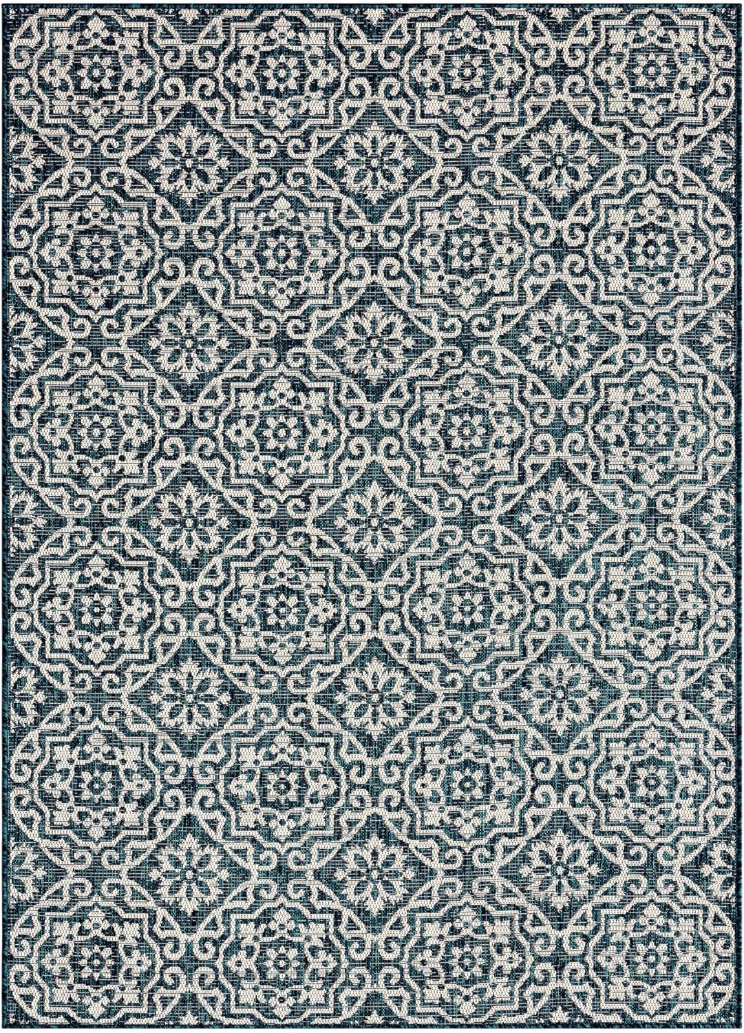 Nicole Miller New York Patio Country Julia Transitional Geometric Indoor/Outdoor Area Rug, Navy Blue/Ivory, 5'2"x7'2"