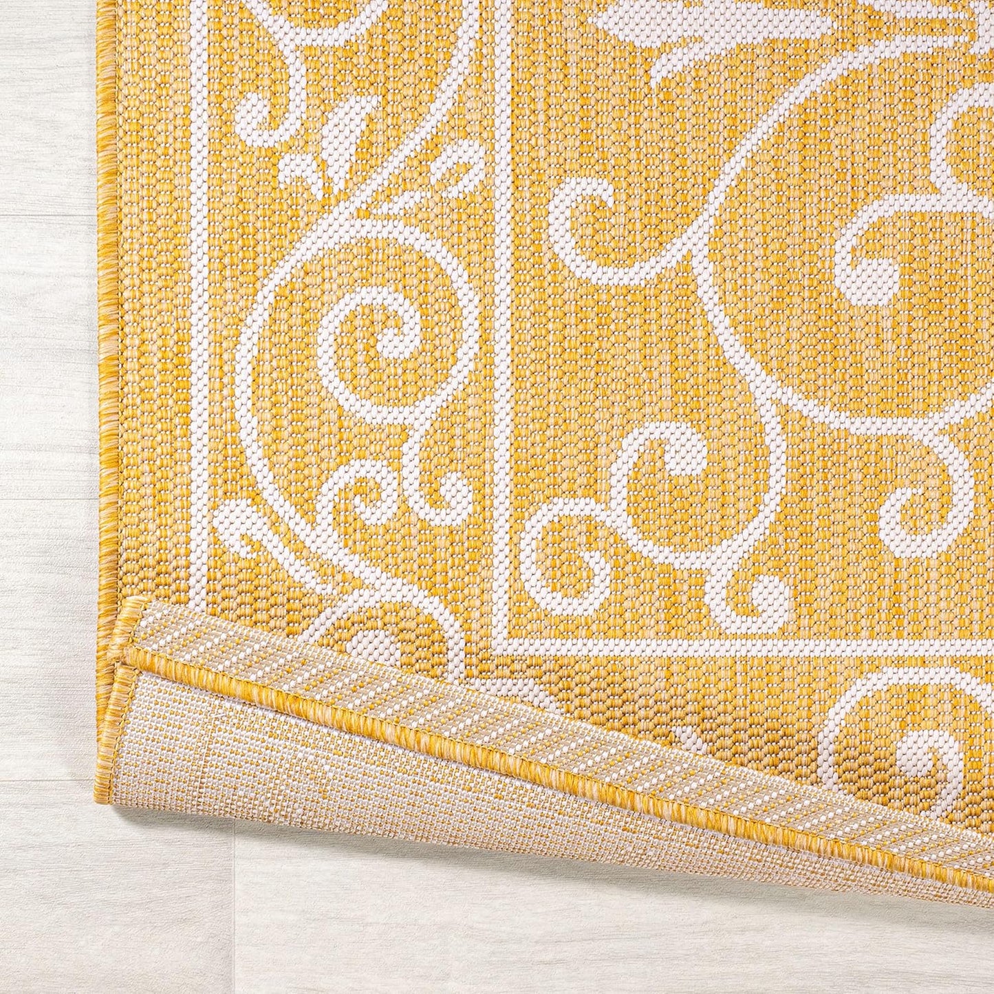JONATHAN Y SMB106L-5SQ Charleston Vintage Filigree Textured Weave Indoor Outdoor Area Rug, Classic Traditional Transitional Easy Cleaning,Bedroom,Kitchen,Backyard,Patio, Yellow/Cream, 5' Square