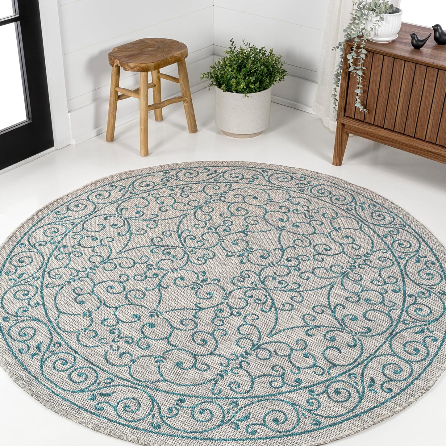 JONATHAN Y SMB106E-5R Charleston Vintage Filigree Textured Weave Gray/Teal 5' Round Indoor/Outdoor Area Rug, Pet Friendly, Non-Shedding, Stain Resistant, Easy-Cleaning for Backyard, Patio, Porch