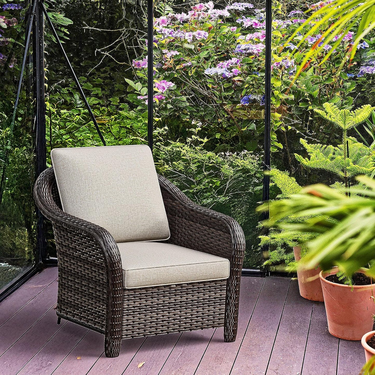 Patio PE Rattan Chairs Set of 2 with Cat Nest End Table, All-Weather & Steel Frame Outdoor Conversation Furniture Set with Washable Cushions for Garden, Bistro, Deck, Yard (Beige)