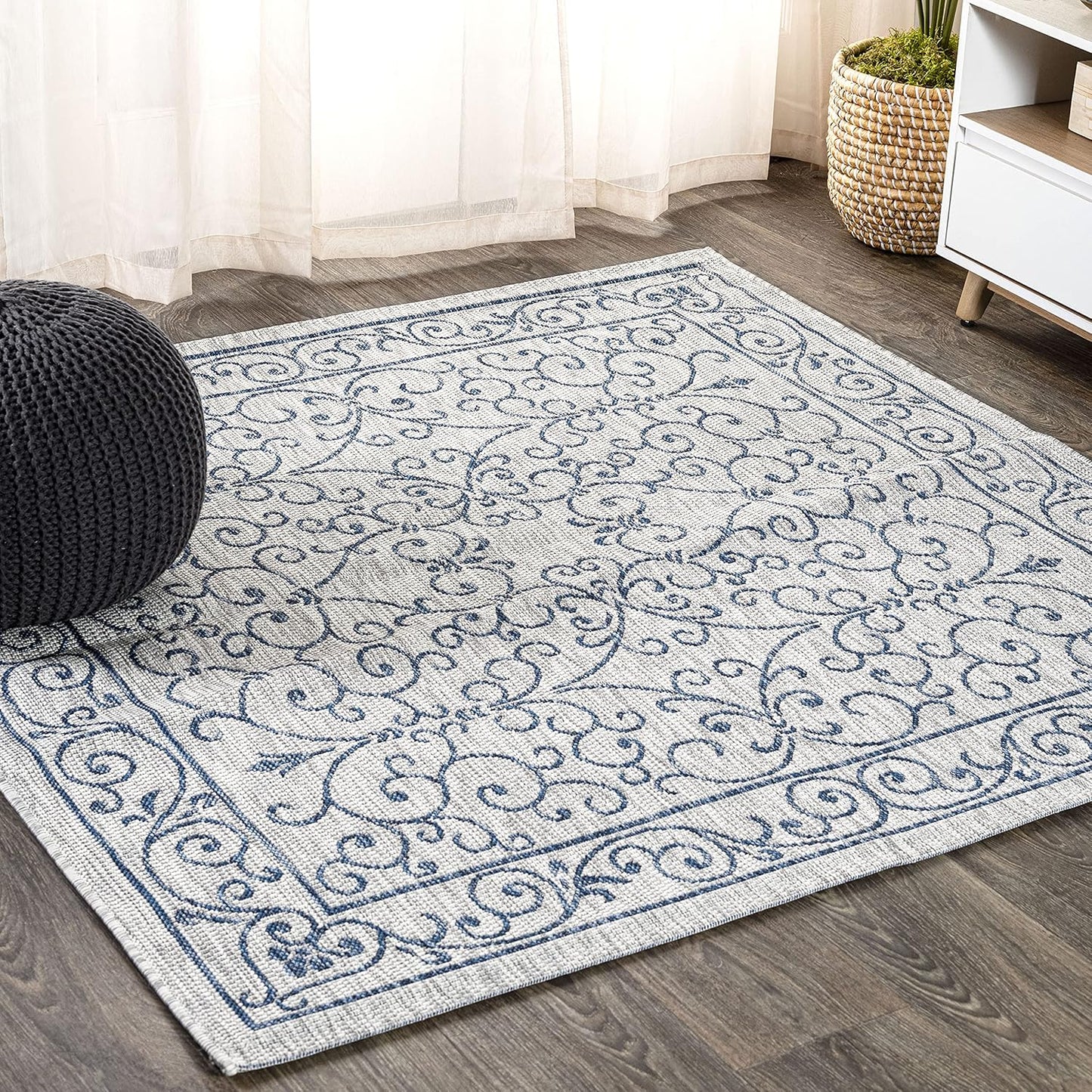 JONATHAN Y SMB106C-6SQ Charleston Vintage Filigree Textured Weave Gray/Navy 6' Square Indoor/Outdoor Area Rug, Pet Friendly, Non-Shedding, Stain Resistant, Easy-Cleaning for Backyard, Patio, Porch
