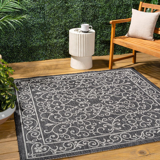 JONATHAN Y SMB106G-3SQ Charleston Vintage Filigree Textured Weave Black/Gray 3' Square Indoor/Outdoor Area Rug, Pet Friendly, Non-Shedding, Stain Resistant, Easy-Cleaning for Backyard, Patio, Porch