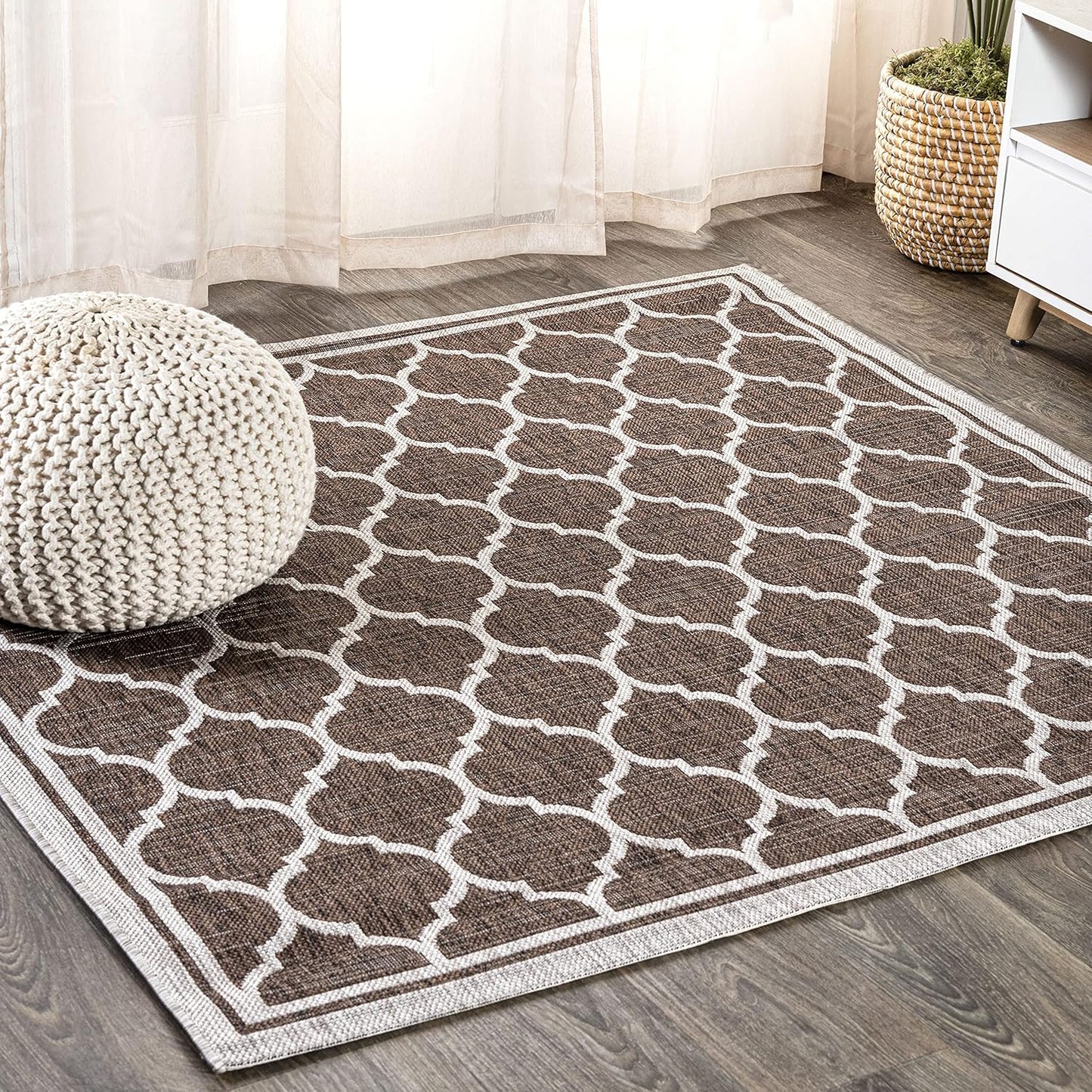 Eyely BMS109B-6SQ Santa Monica Trebol Moroccan Trellis Textured Weave, Pet Friendly, Non-Shedding, Stain Resistant, Easy-Cleaning, Espresso/Taupe, 6' Square, Indoor/Outdoor, Area Rug
