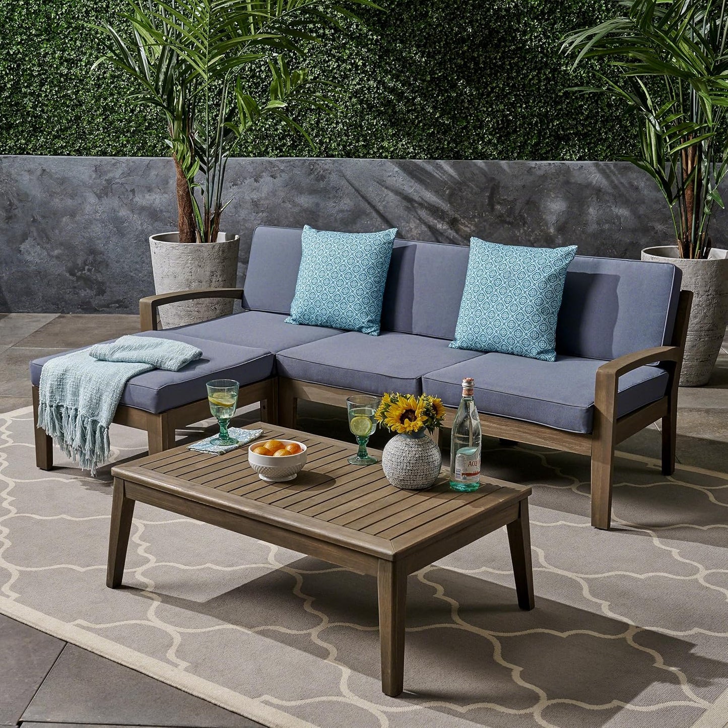 5 Piece Acacia Wood Patio Furniture Set, L-Shape Outdoor Furniture Set with Coffee Table and Ottoman, Conversation Set for Garden, Poolside, Backyard (Grey/18)
