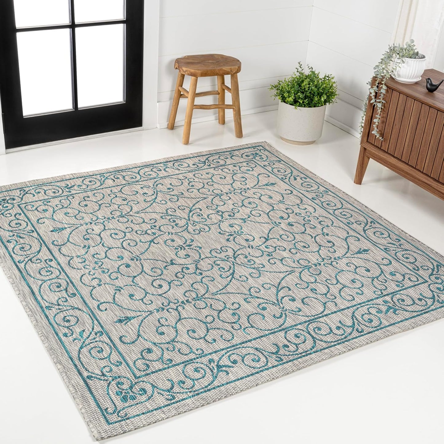 JONATHAN Y SMB106E-6SQ Charleston Vintage Filigree Textured Weave Gray/Teal 6' Square Indoor/Outdoor Area Rug, Pet Friendly, Non-Shedding, Stain Resistant, Easy-Cleaning for Backyard, Patio, Porch