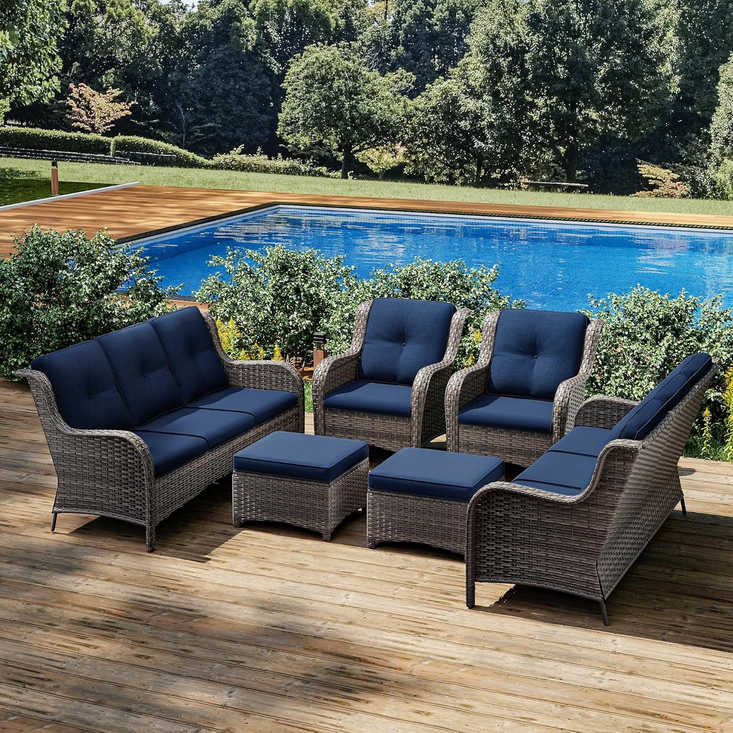 Joyside Patio Furniture Set 6 Pieces - Outdoor Rattan Furniture Set with 2 Armchairs, 2 Couch and 2 Ottomans, Olefin Cushions Included(Mixed Grey/Blue)