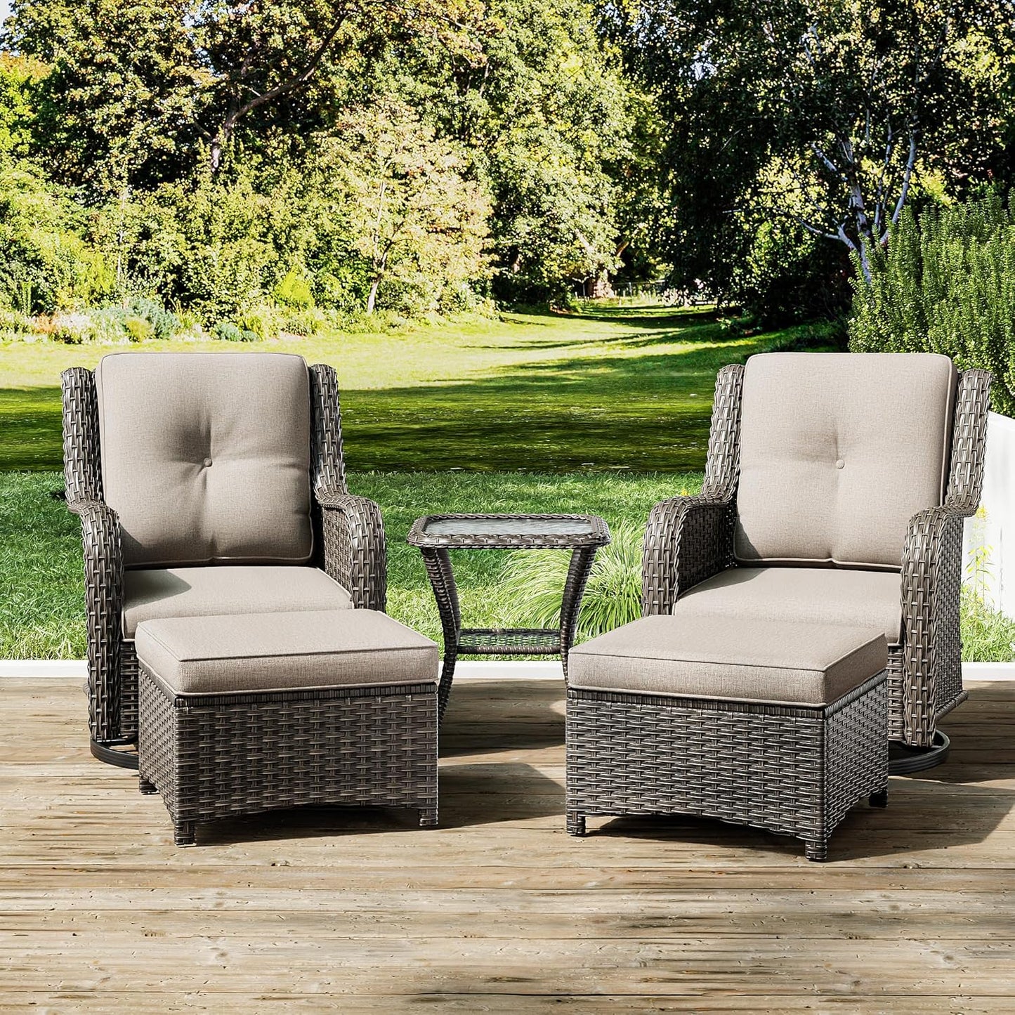 Joyside 5 Piece Outdoor Patio Furniture Set Wicker Conversation Bistro Set Swivel Rocking Chairs with Side Table and Ottomans for Backyard, Porch, Deck(Mixed Grey/Beige)