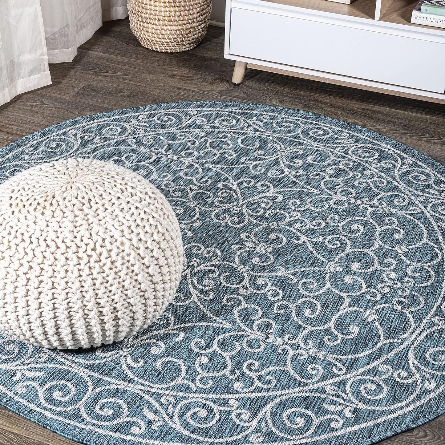 JONATHAN Y SMB106F-6R Charleston Vintage Filigree Textured Weave Teal/Gray 6' Round Indoor/Outdoor Area Rug, Pet Friendly, Non-Shedding, Stain Resistant, Easy-Cleaning for Backyard, Patio, Porch
