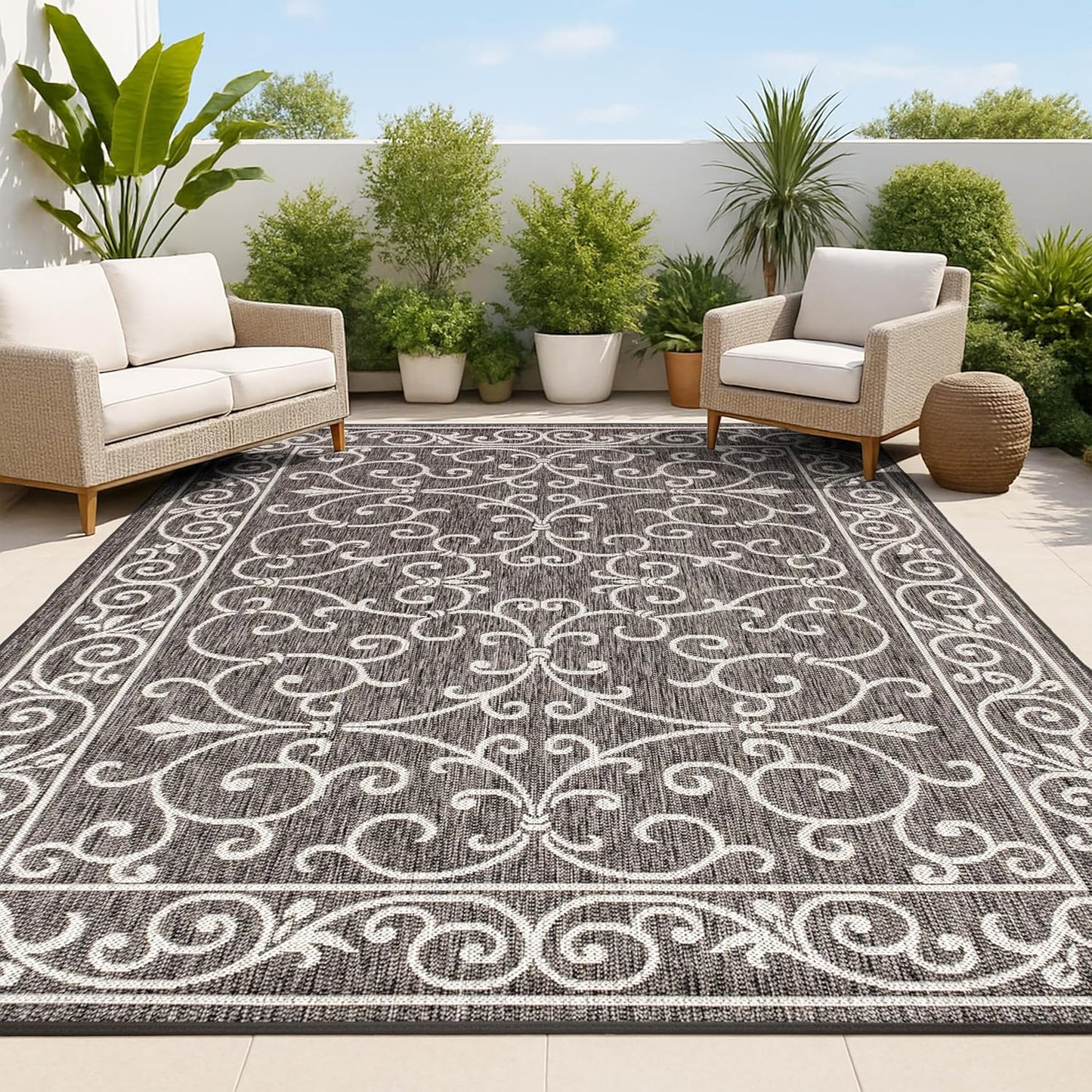 JONATHAN Y SMB106G-8 Charleston Vintage Filigree Textured Weave Indoor Outdoor Area Rug Classic Coastal Easy Cleaning Bedroom Kitchen Backyard Patio Non Shedding, 8 X 10, Black/Gray