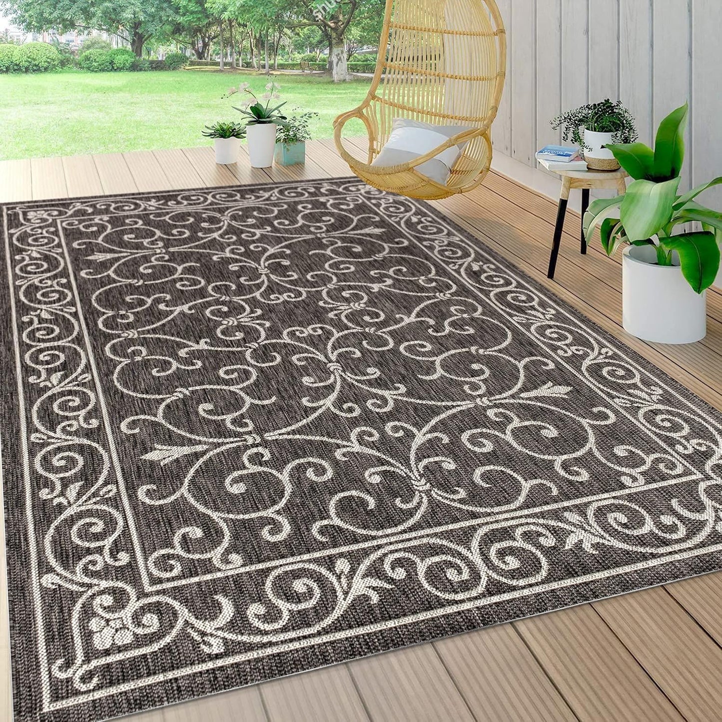 JONATHAN Y SMB106G-3 Charleston Vintage Filigree Textured Weave Indoor Outdoor Rug LivingRoom Backyard,3 X 5,Black/Gray