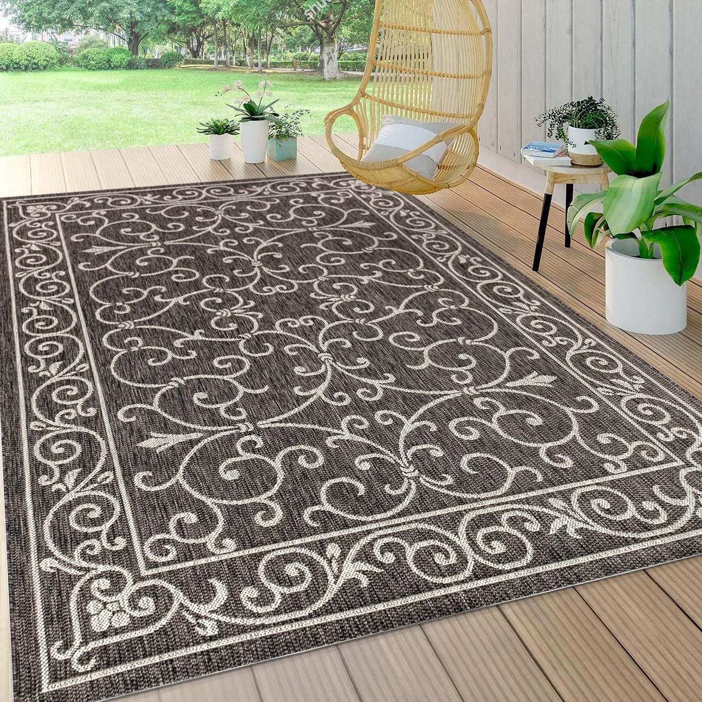 JONATHAN Y SMB106G-9 Charleston Vintage Filigree Textured Weave Indoor Outdoor Area Rug Classic Coastal Easy-Cleaning Bedroom Kitchen Backyard Patio Non Shedding, 9 X 12, Black/Gray
