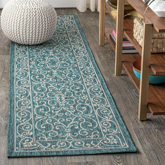 JONATHAN Y SMB106F-28 Charleston Vintage Filigree Textured Weave Indoor/Outdoor Teal/Gray 2 ft. x 8 ft. Runner Rug, Classic,Easy-Cleaning,HighTraffic,LivingRoom,Backyard, Non Shedding